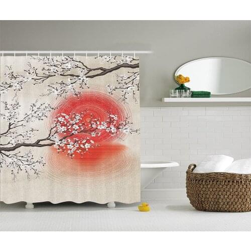 Japanese Garden Park Sakura Cherry Trees Branches Leaves White Flowers in Spring Blossom Under the Red Sun Bathroom Curtains