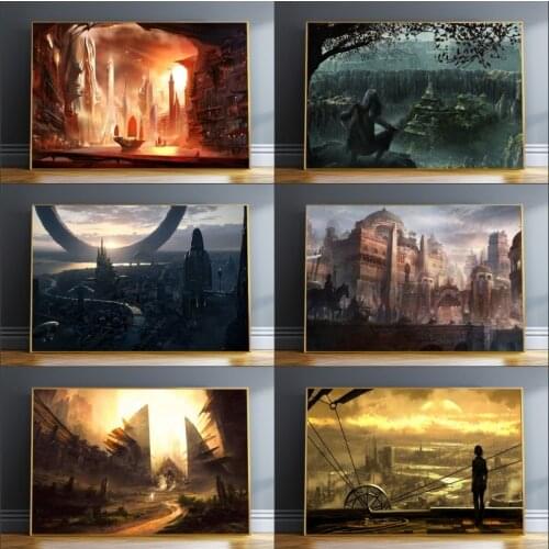 Deserted Castle, War-torn Cityscape, Abstract Painting, Art Picture, Living Room, Posters and Prints for Cuadros Home Decoration