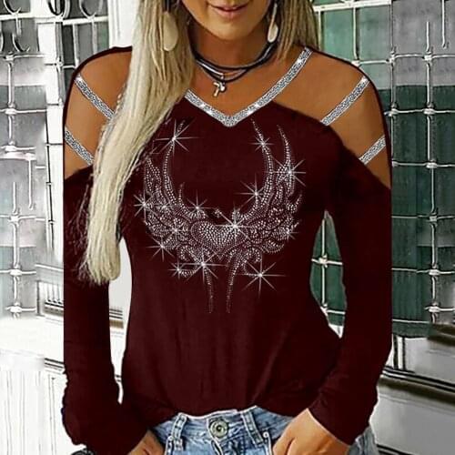 Womens Blouse Casual V-neck Hollow-out Studded Diamond Strapless Long Sleeve Casual Tops Ladies Casual Tops Блузка Женская 40
