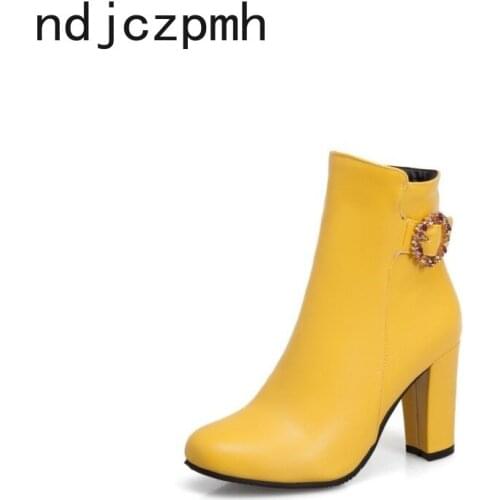 Womens Boots New Winter Fashion Round Head Zipper Crystal High Heel Short Tube Womens Shoes Plus Size 32-45 Heel Height 8.5cm