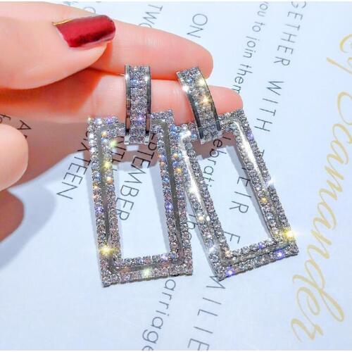 Luxury Crystal Square Earrings for Women Wedding Party Statement Earrings Hanging Geometric Fashion Womens Earrings