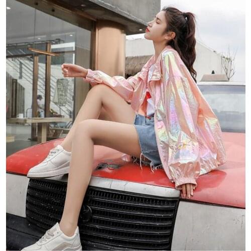 Summer jacket Women Holographic Cardigan laser Thin Pink coat