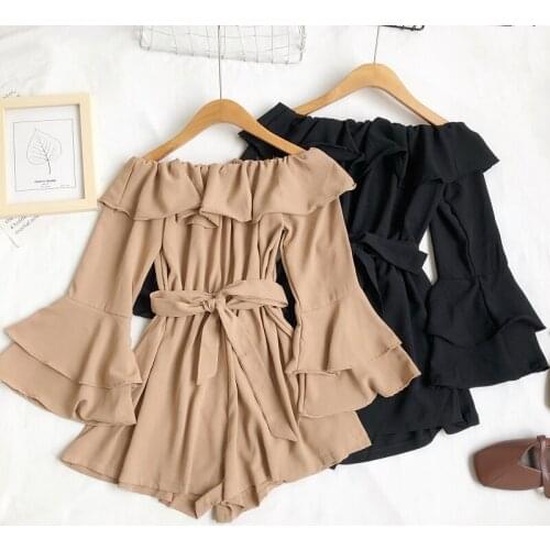 2021 Summer Women Slash Neck Flare Sleeve Rompers Bandage Strap Pleated Ruffle Jumpsuit Mini Female Wrapped Rope Beach Playsuits