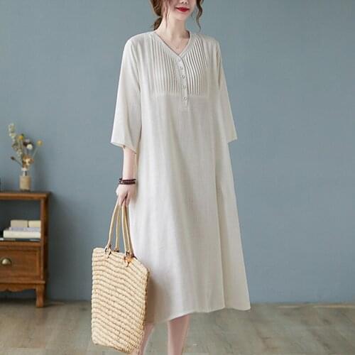 2021 New Arrival Cotton Linen Summer Autumn Dress Vneck Button Pleated Fashion Women Casual Dress Vintage Office Lady Work Dress