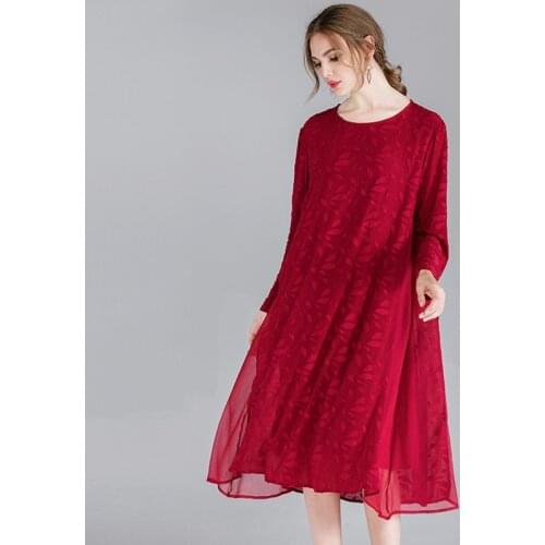 Large size womens casual fashion loose lace dresses high waist chiffon dresses O neck long sleeve long dress Spring new black