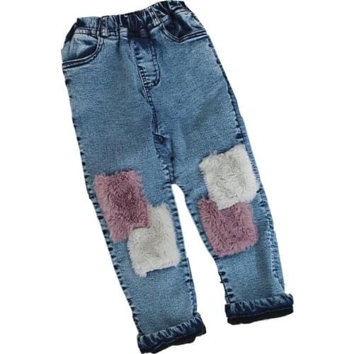 3-7 Years Winter Girl Thick Warm Fleece Jeans Pant Baby Kids Children Denim Toursers