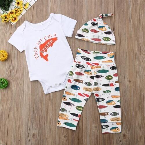 Newborn Baby Boys Girls clothes Geometry Pants Hat Fish letter print round neck short sleeve Bodysuit 3pc lovely cotton outfits