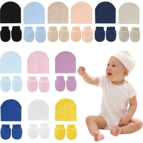 Baby Newborn Face Protection Scratch Mittens Warm Cap Kit Infants Anti Scratching Knitted Cotton Gloves+Hat Set