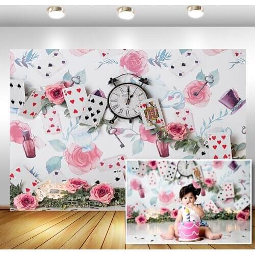 Alice Wonderland Girl Birthday Photography Background Playing Card Clock Pink Flowers Newborn Baby Backgrounds for Photo Studio