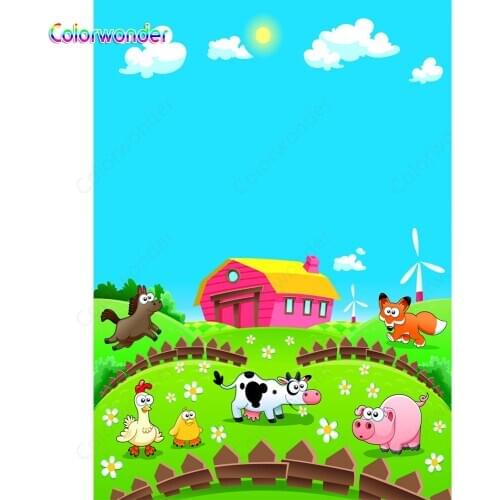 Cartoon farm photography background blue sky pink house animals flowers and grass backdrop for kids happy birthday party backdro