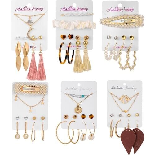 Circle Pearl Drop Earrings Necklace/Bracelet/Hair Jewelry Sets For Women Girl Bohemian Fashion Jewelry 2020 Geometric Jewelry