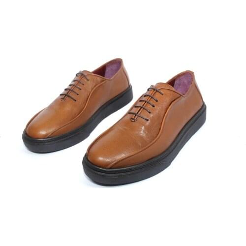 Handmade Sneakers with Natural Calfskin, Tobacco Light Brown Leather, Black Height Increasing Sole, Oxford Style Mens Shoes