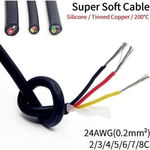 1M Sheath Wire 24AWG Silicone Rubber Super Soft 2 3 4 5 6 7 8 Multi Cores Flexible Insulated Power Cord Copper Signal Cable