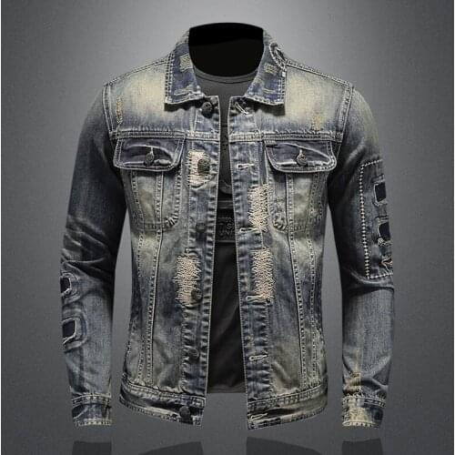 Mens Blue Ripped Denim Jacket Mens Autumn Fashion Casual Slim Denim Coats European Style Hole Large Size Hip-hop Denim Jacket