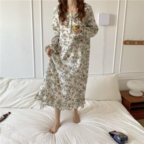 Floral Print Spring Nightgown Women Ruffles O-Neck Long Sleeve Vintage Cotton Homewear Sleepwear Loose Long Midi NightDress