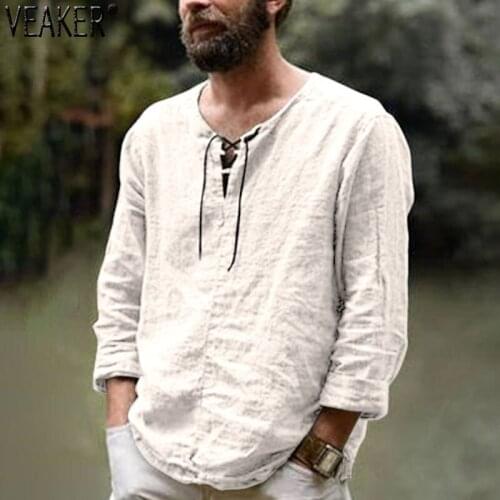 2021 New Mens Linen V Neck bandage T shirts Male Solid Color Long Sleeves Casual Cotton Linen tshirt Tops M-3XL