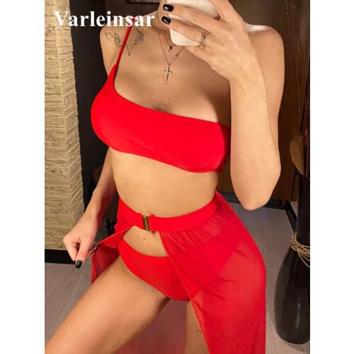 New Sexy One Shoulder Bikini Women Swimwear Female Swimsuit Three-pieces Bikini set With Sarong Bather Bathing Suit Swim V2713