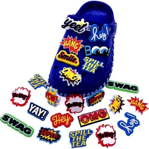 Wholesale 100PCS New Arrival English Phrases Word Series Shoes Charms PVC Croc Jibz Accessories Wristband Decor For Kids Gifts