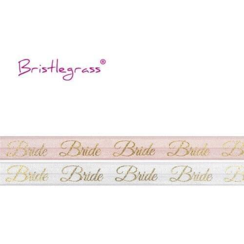 BRISTLEGRASS Wholesale 50 Yard 5/8" 15mm Gold Bride Foil Print Fold Over Elastic Spandex Band Bridal Wrist Tie DIY Wedding Party