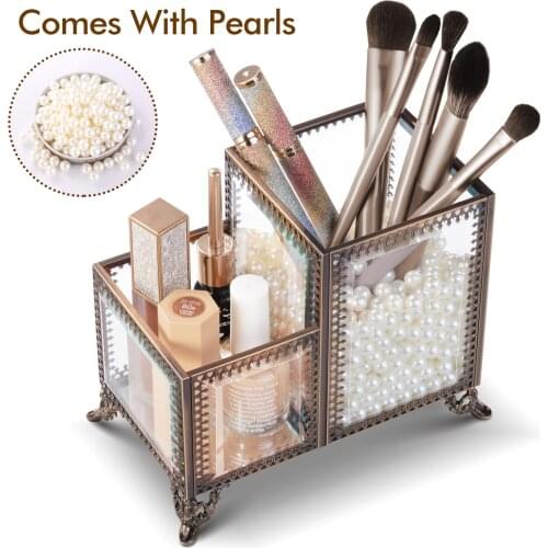 Cosmetic Brush Storage Bucket with Pearl Transparent Glass Make Up Organizer Lipstick Holder Desktop Jewelry Storage Box