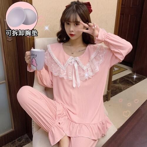 2020 Autumn Sweet Princess Cute Lace Long Sleeve Pajama Sets for Women Sleepwear Suit Pyjamas Homewear Pijama Mujer Home Clothes