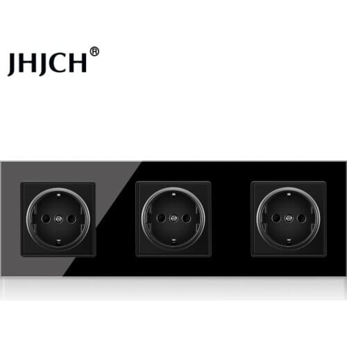 JHJCH Crystal Tempered Glass Panel 2,3 ,4Gang Power Wall Socket Grounded 16A EU Standard Electrical Triple Outlet