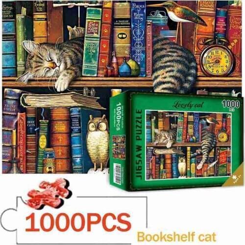 1000 Pieces Jigsaw Puzzles Bookshelf Cat Puzzles Diy Assembling Decompression Toy For Adults Children Paper Puzzles Educational
