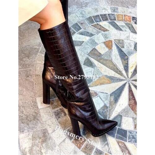 New Fashion Design Pointed Toe Pattern Leather Knee High Chunky Heel Boots Black Long Thick High Heel Boots Dress Boots Heels