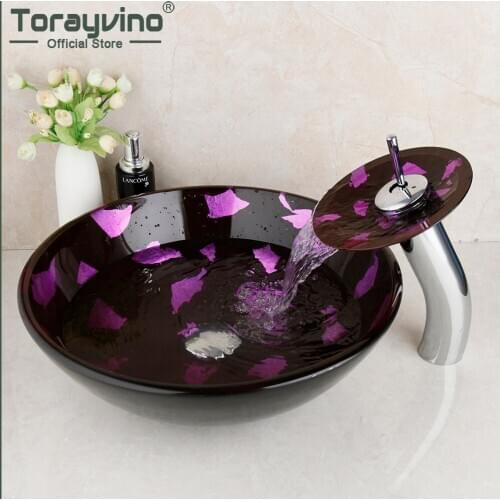 Torayvino Art Tempered Glass Round Basin Lavatory Sink Waterfall Faucet Combo Set Countertop Mixer Water Tap With Pop Up Drain
