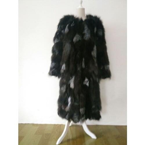 Real genuine natural sliver fox fur coat women fashion X-Long jacket ladies overcoat outwear 110 length custom any size