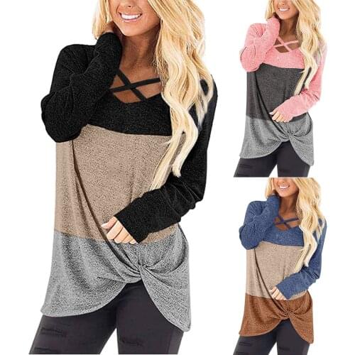 Women Long Sleeve V-Neck Crossed Neckline T-Shirt Fashion Casual Stripes Colorful Splicing Sexy Girls All-match T-shirt