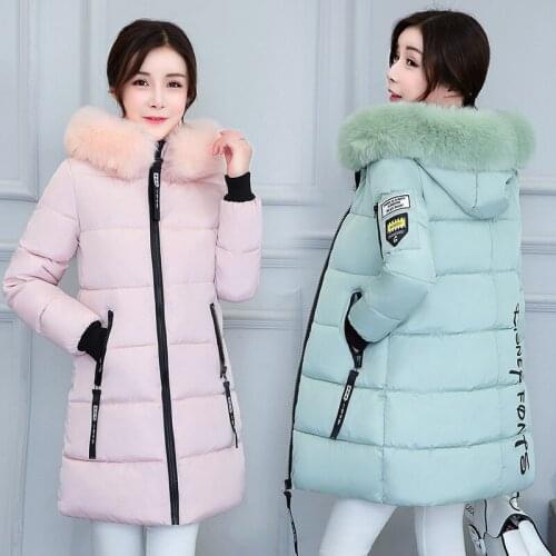 2021 Winter Fashion New Mid-Length Big Fur Collar Hooded Long-Sleeved Thick Warmth Slim Cotton Jacket Female Trend H262