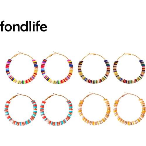 Boho Rainbow Multicolor Round Polymer Clay Discs Beads Summer Earrings for Women Girl Retro Ethnic Fashion Accesories Jewelry