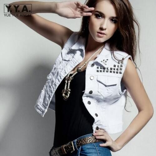 Vintage White Women Denim Vest Waistcoat Cool Rivet Jean Jacket Coat Women Single Breasted Vest Sleeveless Jeans Vest Women