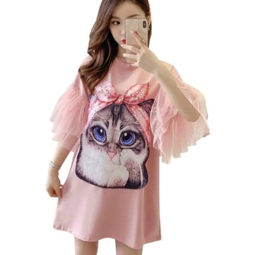 Harajuku Mesh Stitching Cartoon Printed T-shirts Dress Sweet Short Butterfly Sleeve Pearls Tees Long Beaded Crop Tops 2019