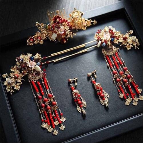 1 Set Antiquity Hanfu Phoenix Coronet Hairpin Accessories Earring Step Shake Bridal Toast clothing Headdress LL@17