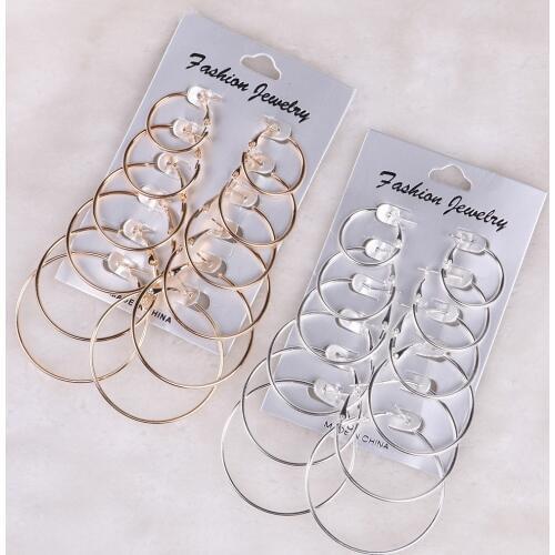 6Pairs/set Rock earrings Vintage Silver Gold Big Circle Hoop Earrings Women Steampunk Ear Clip