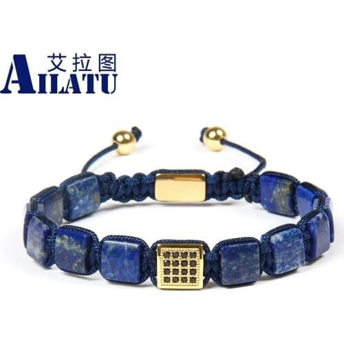 Ailatu Wholesale 10pcs/lot 8x8mm Natural Lapis Lazuli Stone Beads with Black Cz Square Macrame Wristband bracelet for cool men