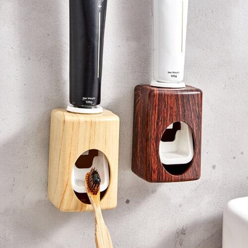 Wood Grain Automatic Toothpaste Dispenser Punch-free Wall Mount Toothbrush Rack Toothpaste Squeezer Bathroom Accessories