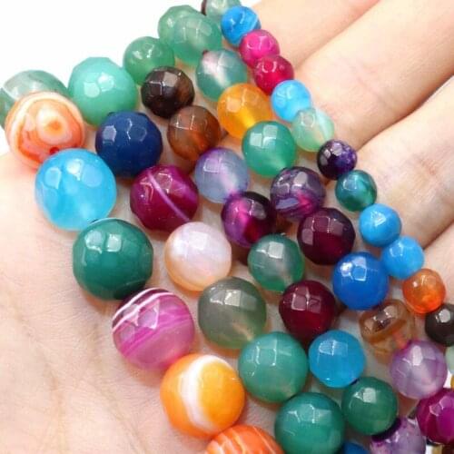 Natural Stone Faceted Colorful Stripes Agates Spacer Beads For Jewelry Making DIY Bracelet Necklace Accessories 4/6/8/10/12mm