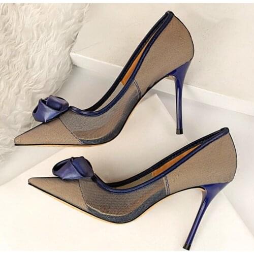 Rose Fower Elegant Women Pumps 2021 Spring Pointed Toe 9CM Thin Dress Shoe Sexy Hollow Mesh High Heels Woman Wedding Shoes 34-40