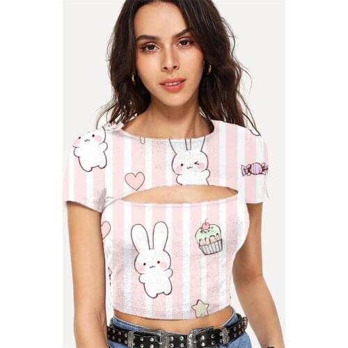 Somepet Rabbit T-shirt Women Lovely Hollow Out T shirts Cake Navel Bare Ice Cream Shirt Print Short Sleeve Sexy Short Style