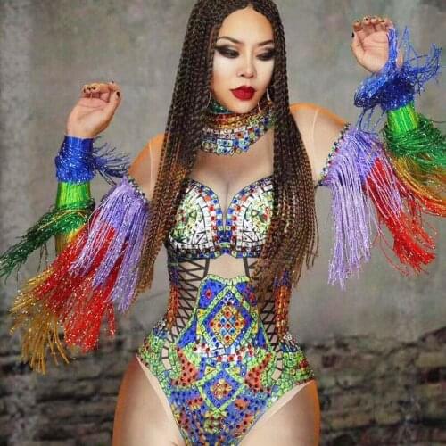 Colourful Tassel Sleeve Jumpsuit Women Rhinestones Dress Singer Stage Clothes Sexy GOGO Dancer Costume Party Fringe Bodysuits