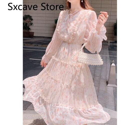 Sweet Fairy Midi Dress Women Vintage Elegant Floral Dress Evening Party Long Sleeve Casual One Piece Dress Korean 2021 Autumn