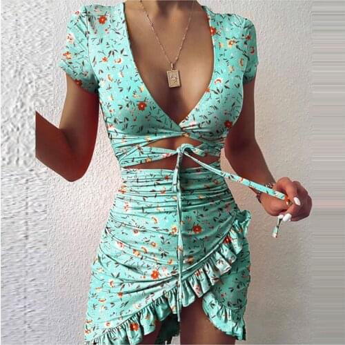 Floral Print Fashion Tie Up Wrap Mini Dress 2021 Summer Holiday Ruffles Sundress Ruched Womens Dress Short Sleeve