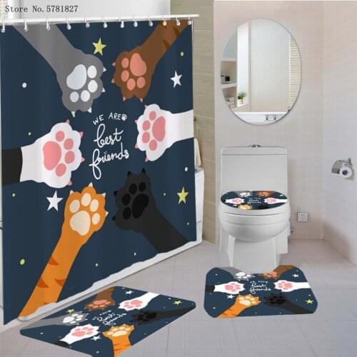 3/4 Pieces Cat Paw Shower Curtain Set Animal Palm Carpet Pedestal Rug Lid Toilet Cover Bath Mat Home Custom Cartoon Bathroom Set