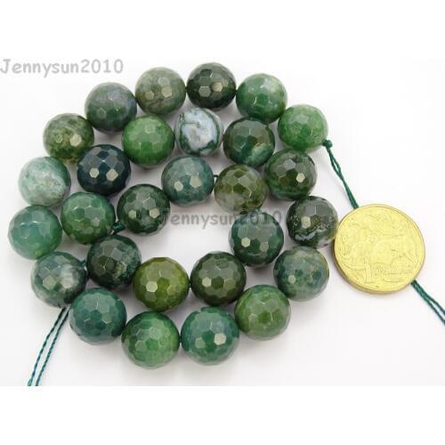 Natural 14mm Moss Ag-ate Gems stone Faceted Round Spacer Beads 15'' Strand for Jewelry Making Crafts 5 Strands/Pack