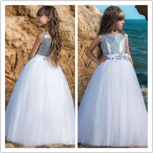 Cheap Flower Girl Dresses Blue Sequins Thin Net Sleeveless Performance Host Girl Pettiskirt Princess Party Dress