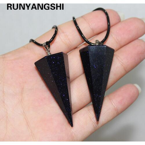 Wholesale Polyhedral cone Pendulum Natural Blue Sandstone Pendant NecklaceTransfer Luck Beads Men or Women Jewelry