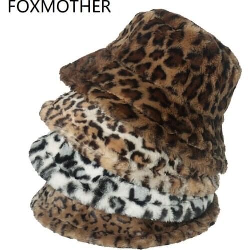 FOXMOTHER New Femme Gorro Outdoor Fashion Winter Soft Warm Faux Fur Brown Leopard Bucket Hats For Women Lady Casquette